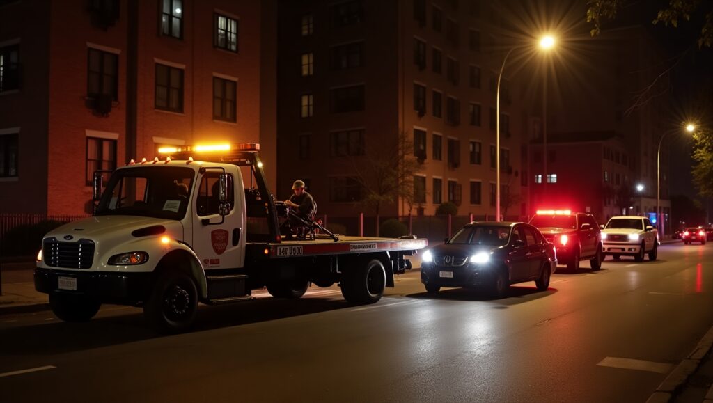 24-Hour Towing Service in Queens, NY – Emergency Roadside Assistance Tow truck providing 24-hour roadside assistance in Queens, NY at night, helping a stranded car after a breakdown.