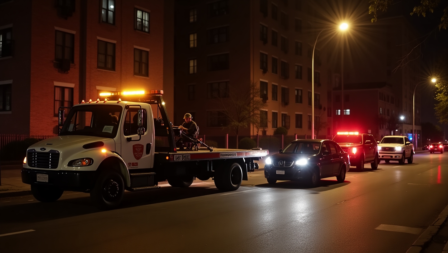 Tow truck providing 24-hour roadside assistance in Queens, NY at night, helping a stranded car after a breakdown.