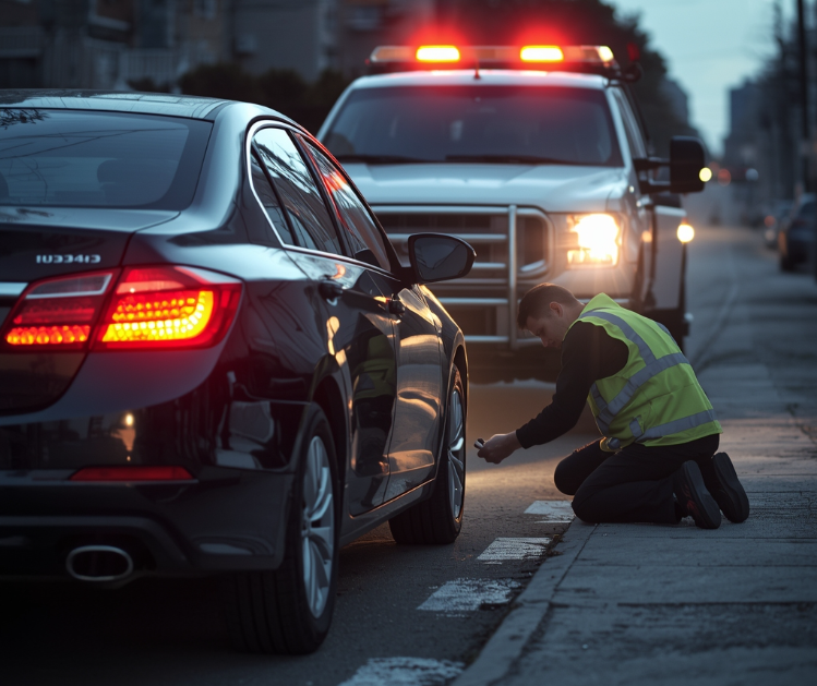 Roadside assistance technician changing a flat tire on a sedan with hazard lights on while a tow truck provides emergency support on a Manhattan street at dusk