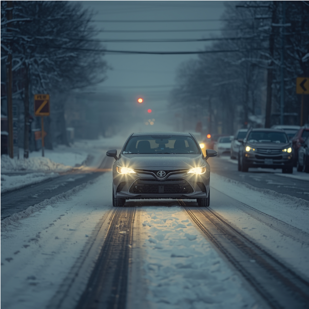 Car driving on a snowy road in winter conditions in Queens, New York, with headlights on and reduced visibility