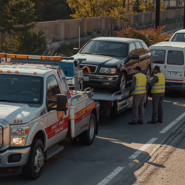 A tow truck is loading a broken-down car on the roadside while technicians assist the driver during the vehicle breakdown